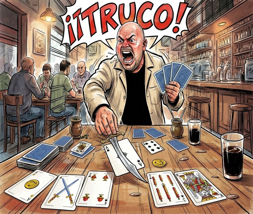 Ilustración completa: un jugador grita ¡Truco! en un bar mientras tira una carta sobre la mesa